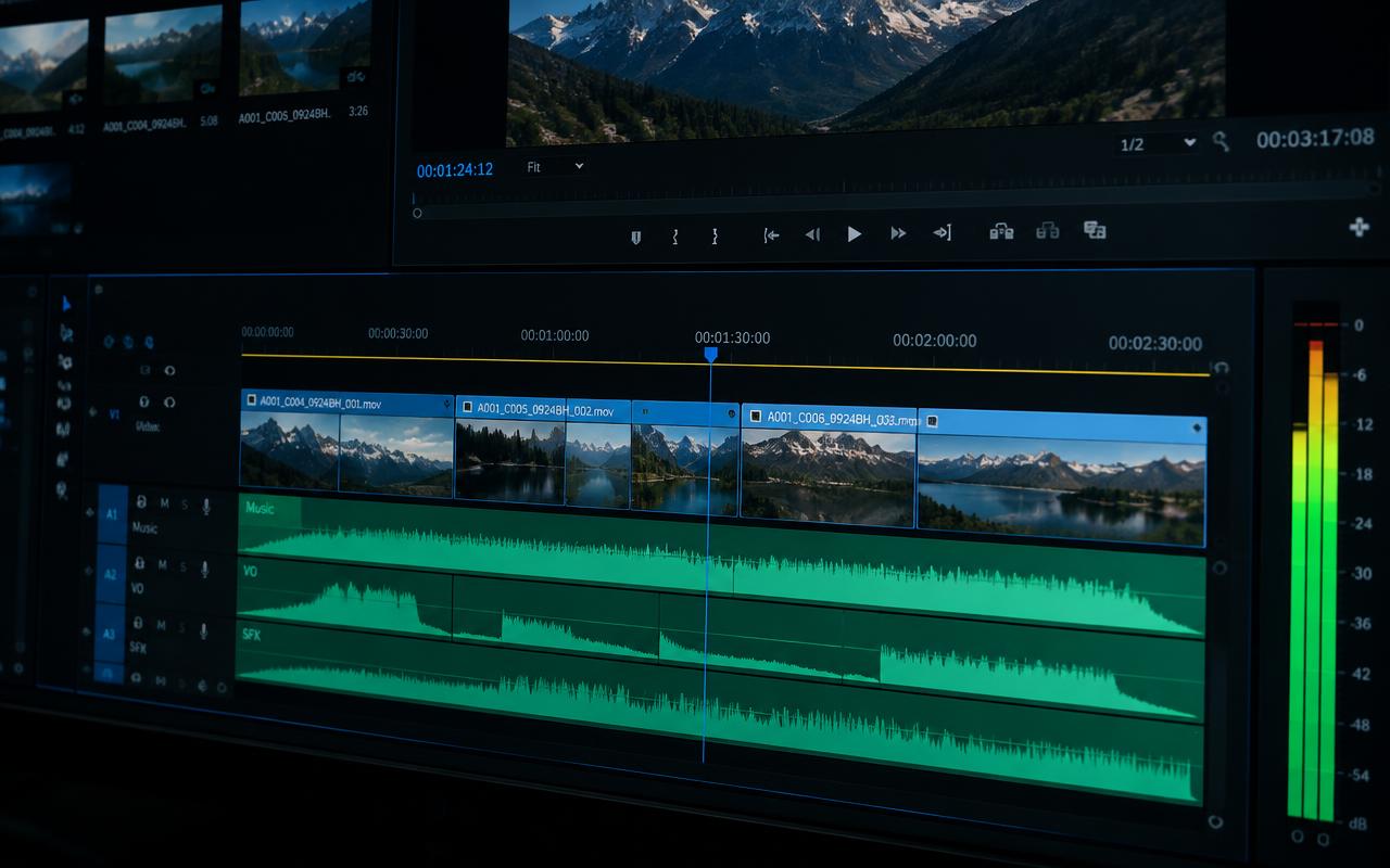 Video editing timeline with clean green audio tracks